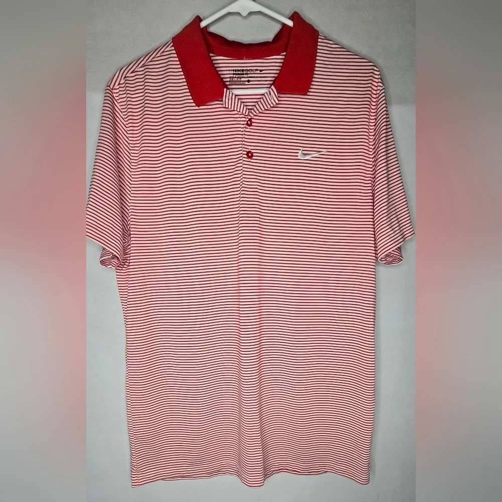 Mens Red and White Stripe Nike Dri-Fit Polo Style Shirt Size Large